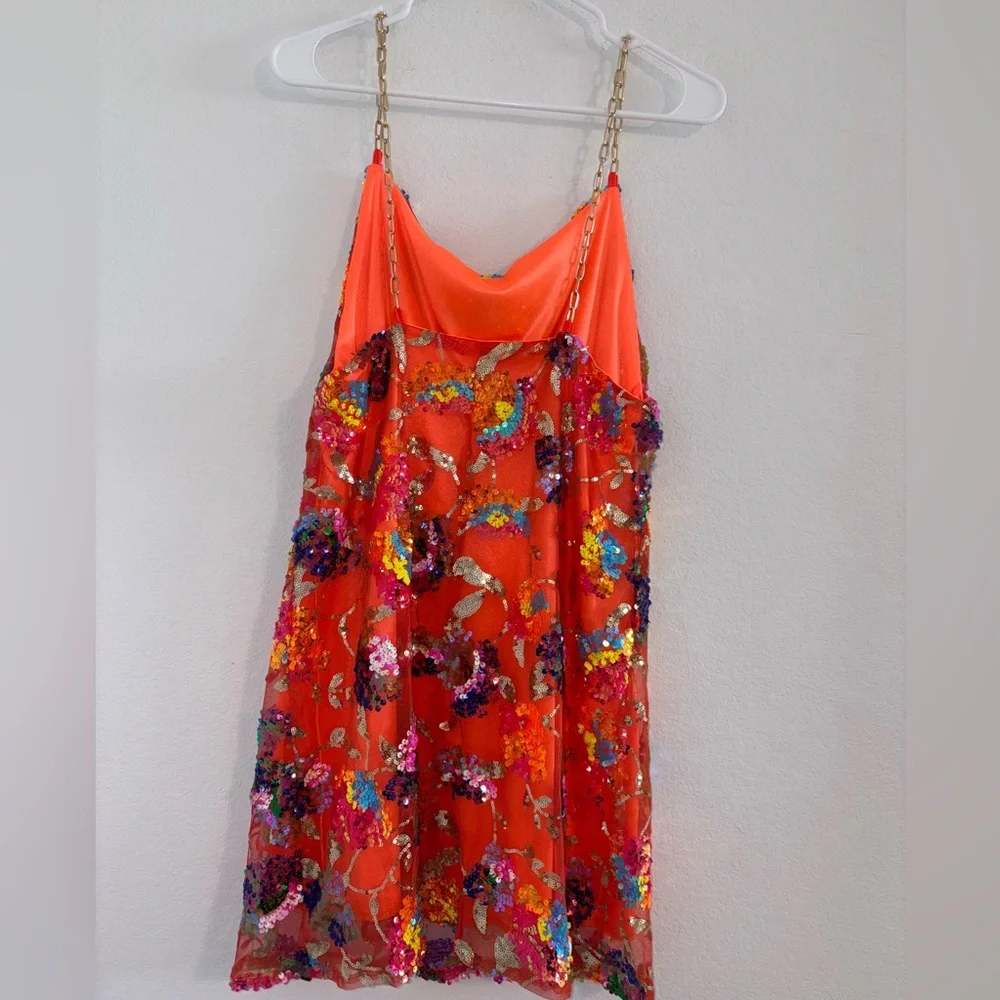 Sequin Mini Dress Backless Low-Cut Floral Sparkly Multicolor Orange Birthday - Picture 5 of 8